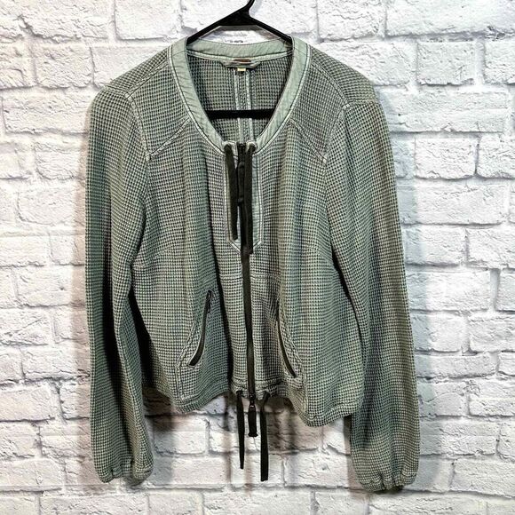Free People Jacket Womens Small Green Waffle Knit Zip Up‎ - Picture 1 of 7
